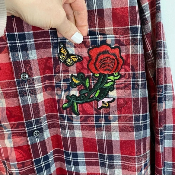 Handmade Boho Flannel Shirt Size Large XL Plaid Embroidered Floral Bleached Red - Picture 4 of 15